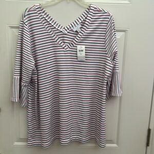 J Jill Red White and Blue Striped Double V-Neck Shirt. XL.  NWT